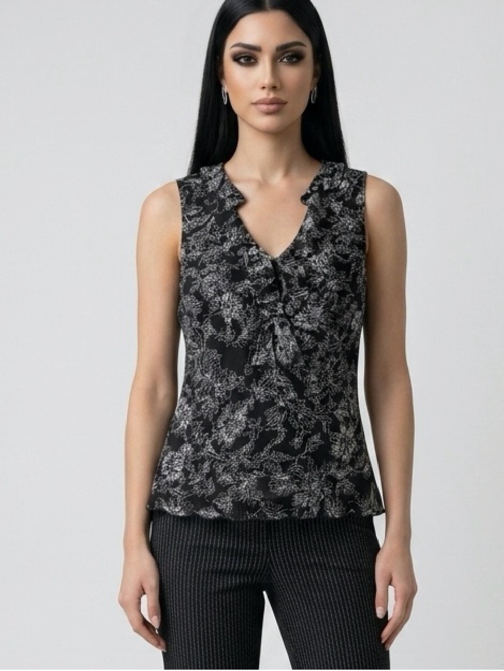 Vintage Black & White Silk Floral Ruffle V-Neck Sleeveless Top